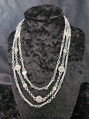 Brighton Silver-tone 3 Multi Strand Heart Sunflower Heart Station Chain Necklace